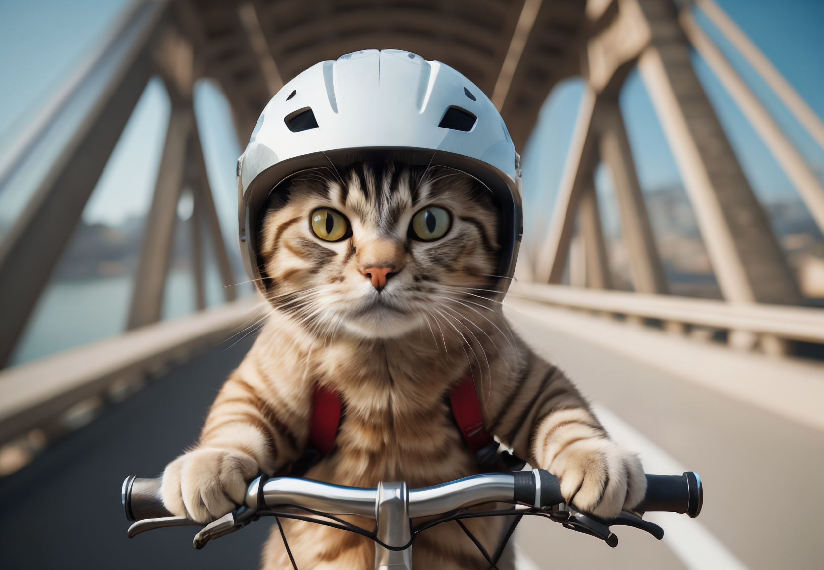 00054-2025127565-a photorealistic image of a cat wearing helmet riding a bike near bridge, depth of field.png